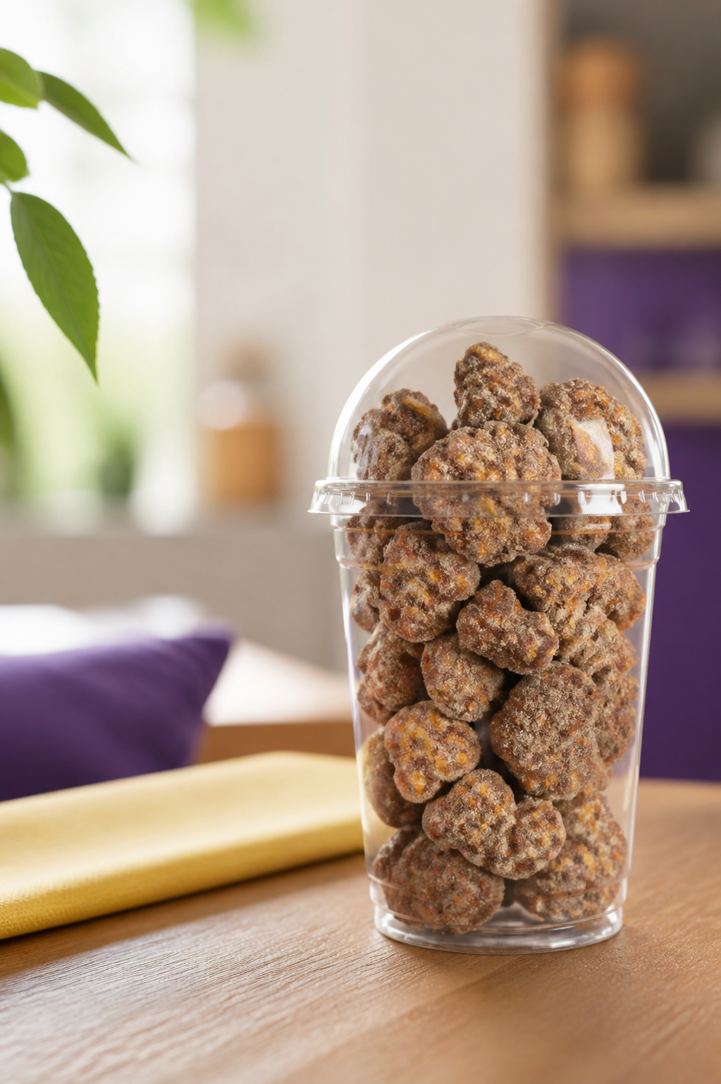Copo transparente com pipoca gourmet coberta, em um ambiente acolhedor